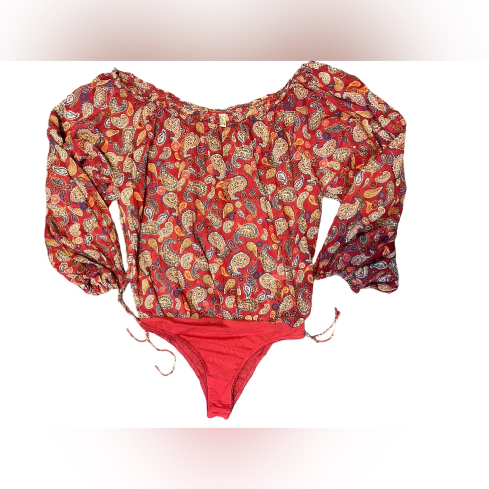 Free People Red Paisley Off-Shoulder Bodysuit - Picture 4 of 9